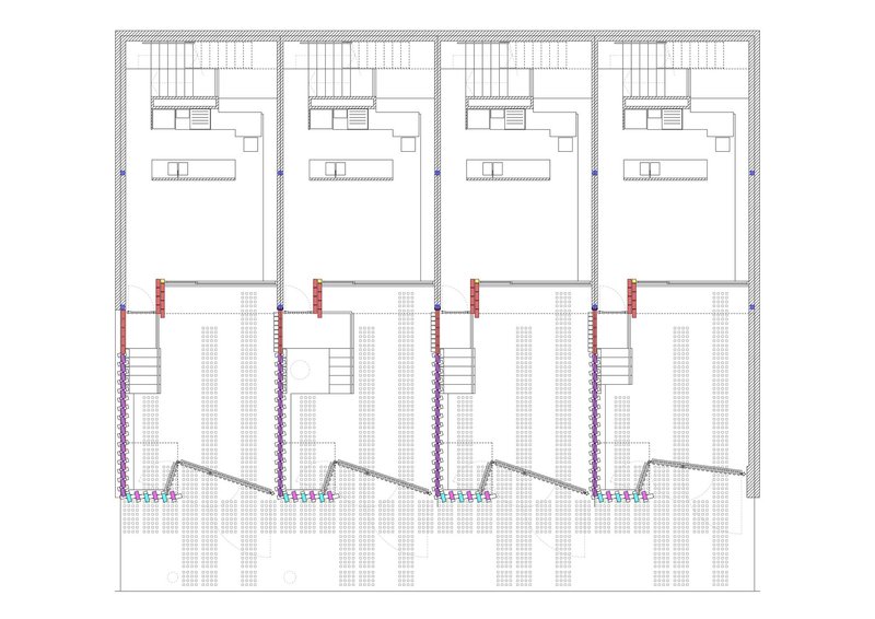 Floor plan showing four mirrored units with upper living spaces and lower entries accessed by angled stairs
