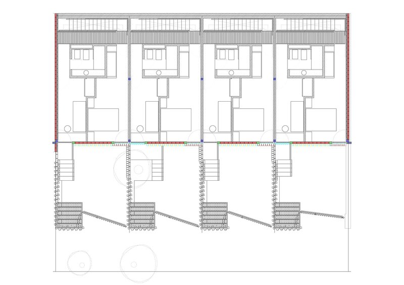 Floor plan showing four units with upper bedrooms and lower living spaces connected by internal staircases