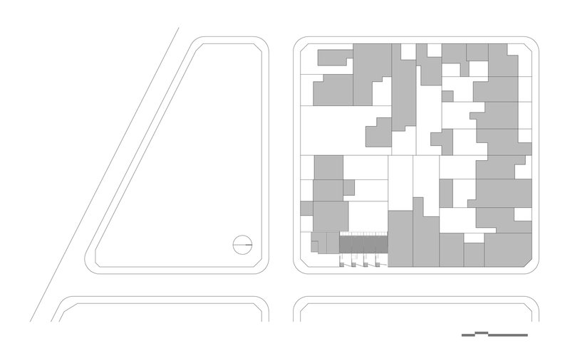 Site plan drawing showing the building footprint within the surrounding urban block