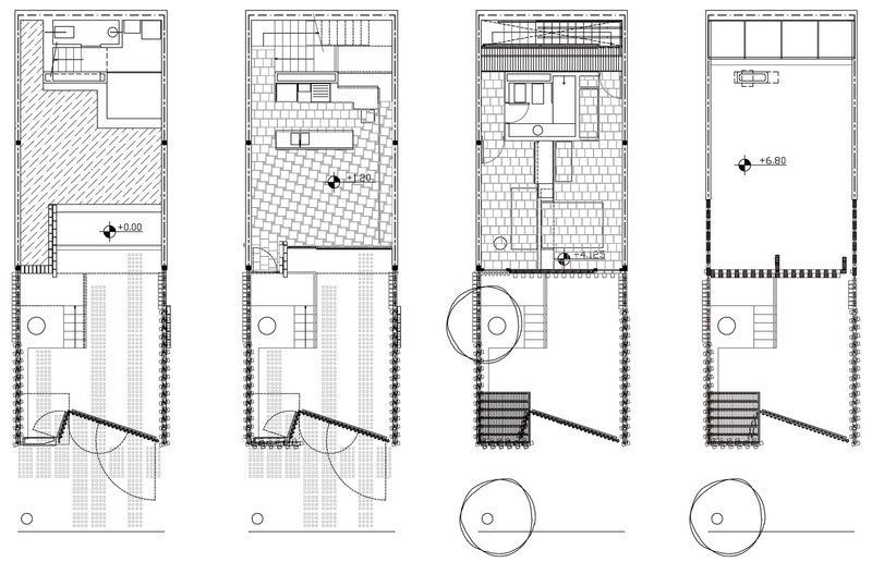 Multi-level floor plan drawing showing four townhouse units arranged vertically with terraces and interior stairs