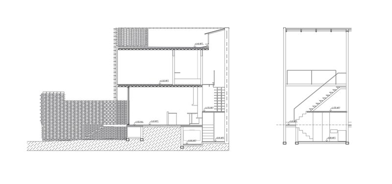 Section drawing showing the split-level interior with staircase and tiled terrace alongside an elevation view