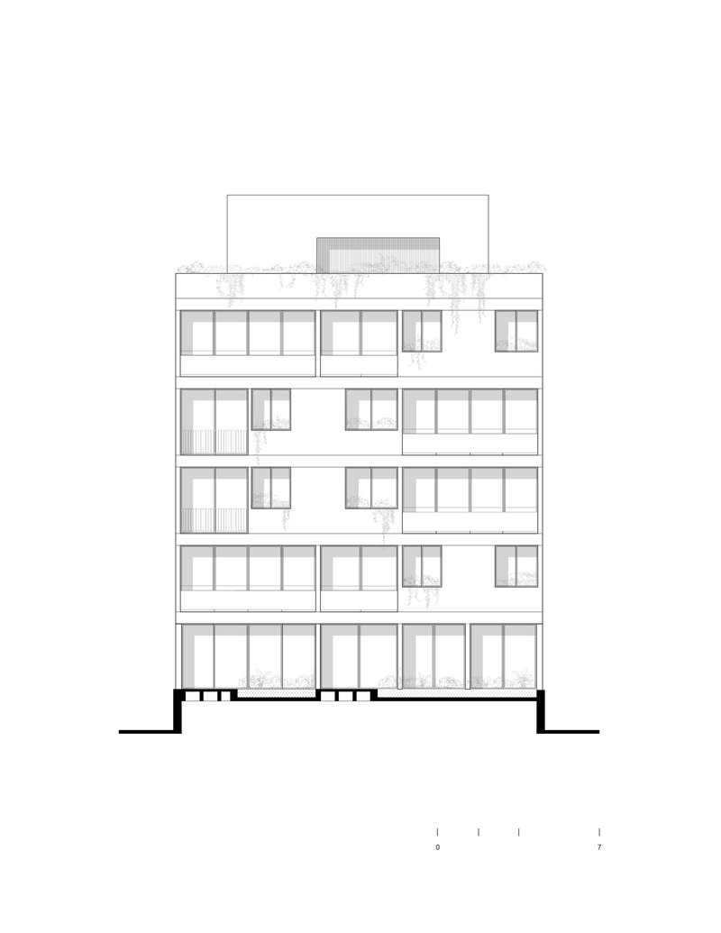 Elevation drawing of a five-story residential building with alternating balconies and planted rooftop terrace