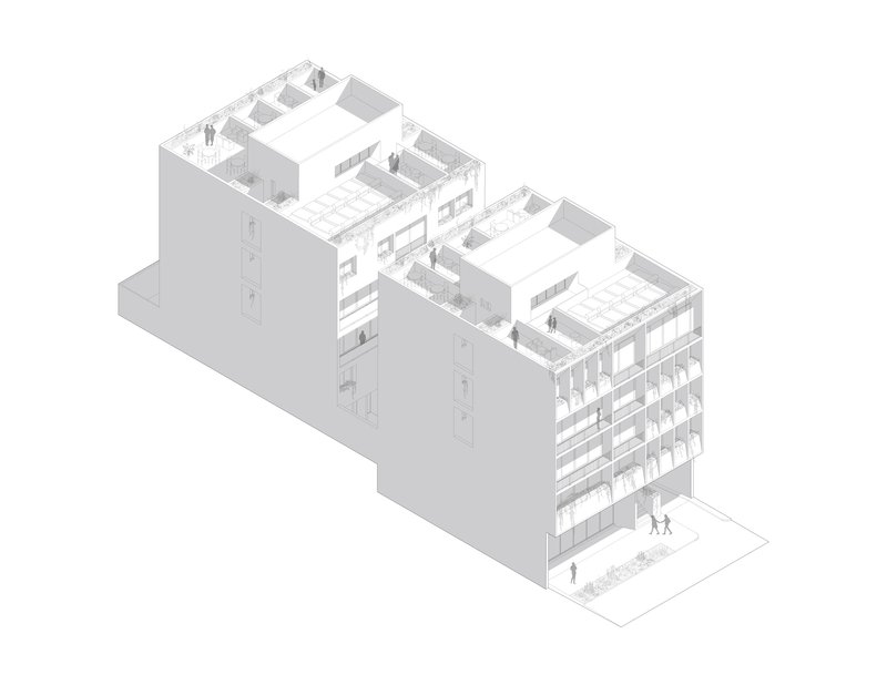Axonometric drawing showing the stepped massing and rooftop terraces with figures and vegetation