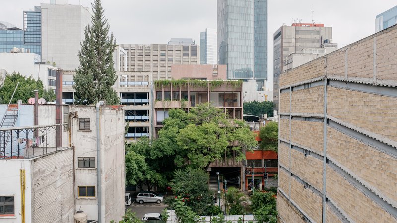 View of the planted facade with rooftop garden and high-rises in the surrounding urban context