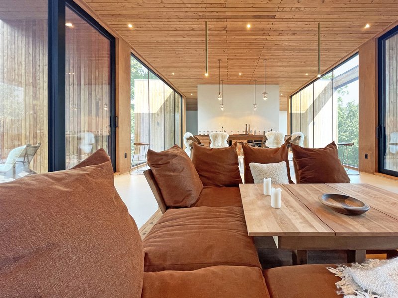 Open living area with timber plank ceiling and corner glazing overlooking the forest