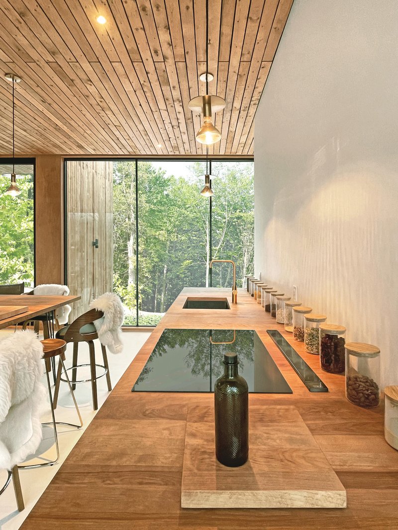 Long timber counter with glass insert reflecting trees outside the glazed wall
