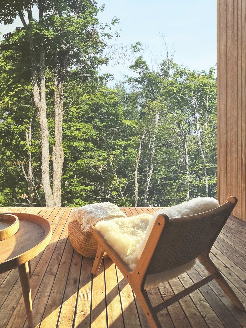 Timber deck with lounge chair and side table facing a forest clearing in afternoon sunlight