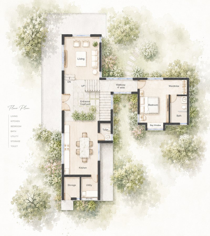 Floor plan drawing showing rooms arranged around internal courtyards with surrounding tree canopies rendered in watercolor