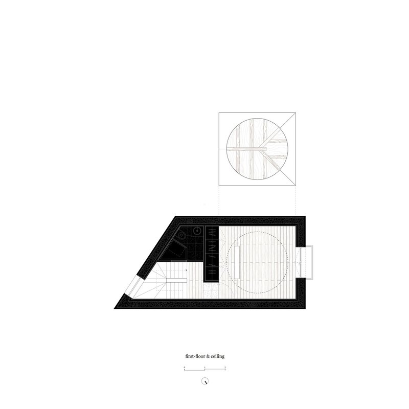 Floor plan and ceiling detail drawing showing an angular volume with a circular central element and radiating timber beams