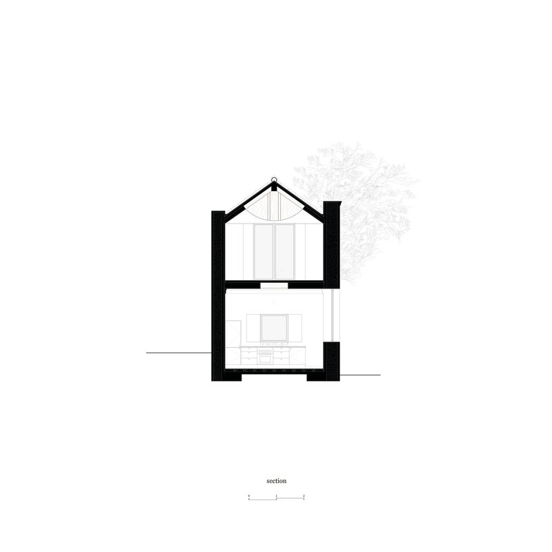 Section drawing showing a two-story house with pitched roof and adjacent bare tree