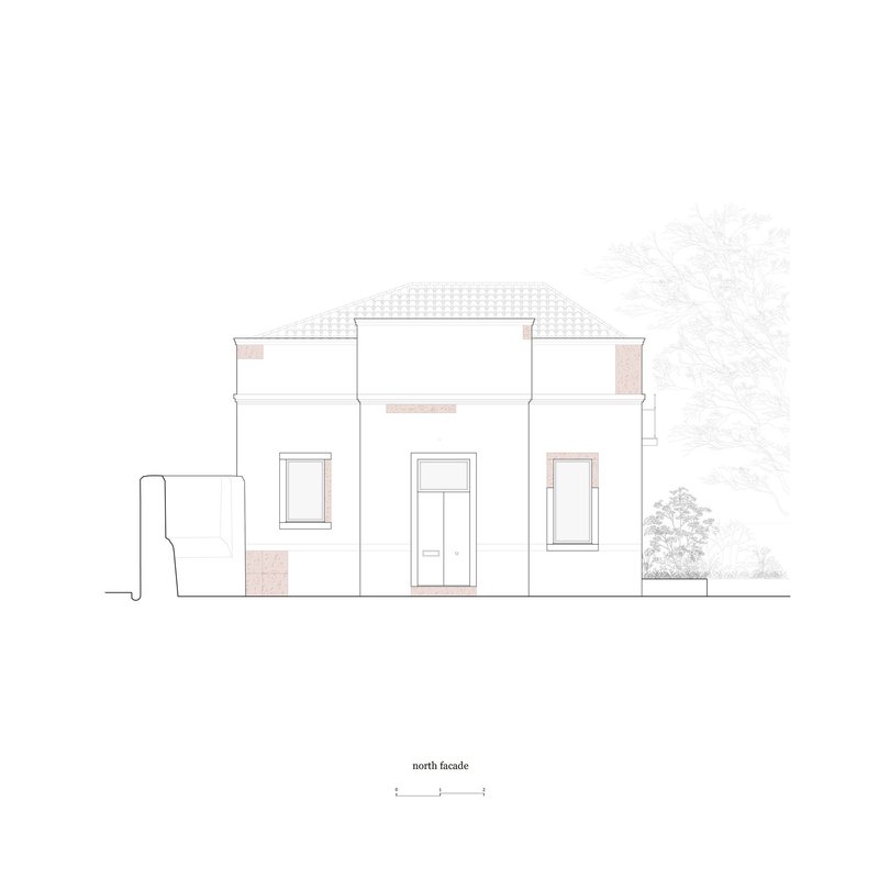 North facade elevation drawing showing a two-story house with tiled roof and flanking trees