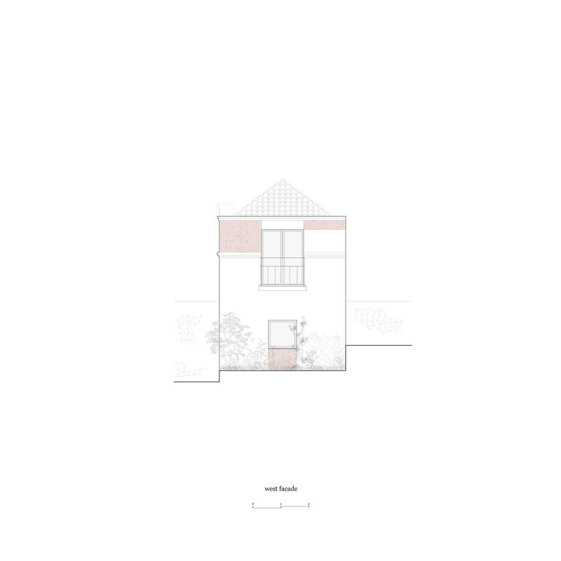 West facade elevation drawing showing a two-story house with pyramidal roof and upper balcony surrounded by vegetation