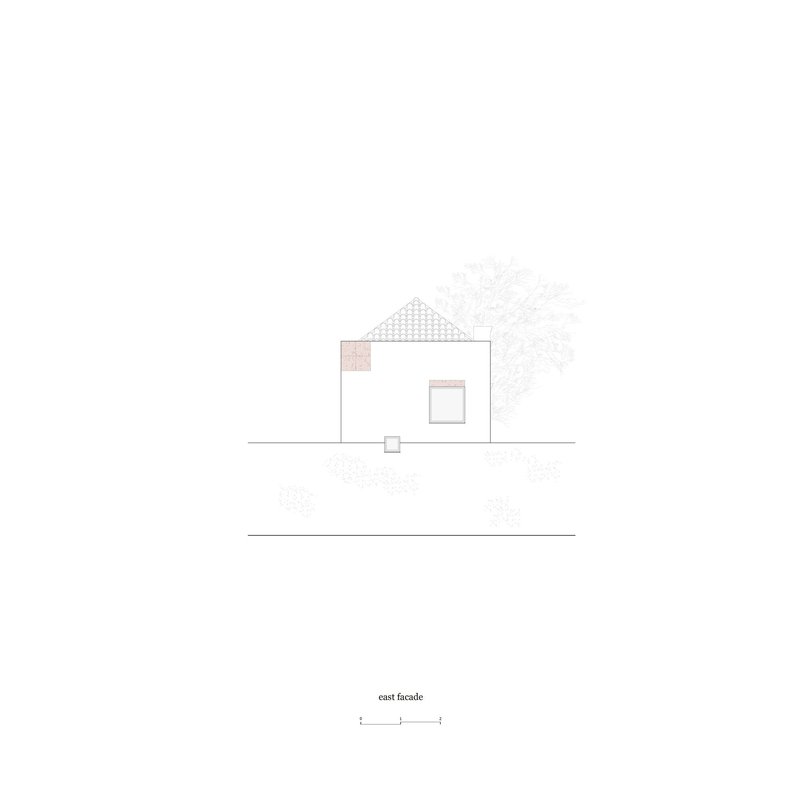 East facade elevation drawing showing a simple gabled volume with single window and adjacent trees