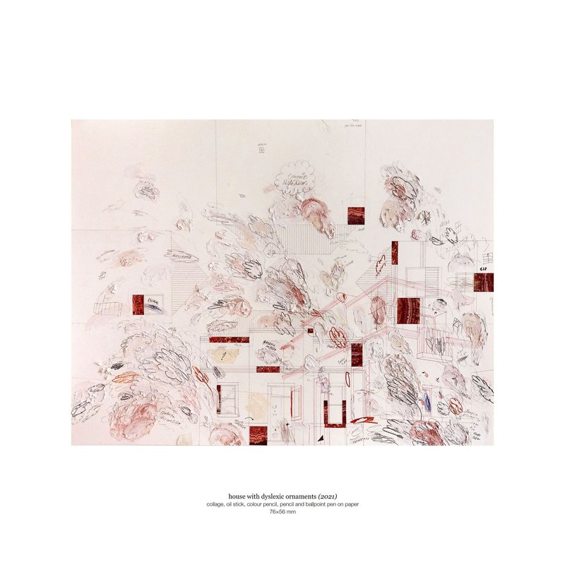 Collage drawing combining floor plan fragments with organic gestural sketches and red annotations on paper