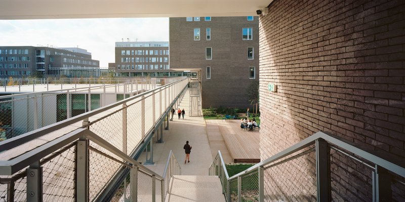 Elevated pedestrian ramps with mesh safety barriers winding between brick-clad volumes and courtyard planting