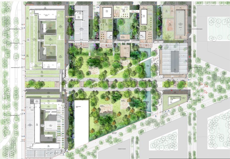 Site plan drawing showing buildings arranged around a central green space with water features and tree plantings