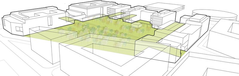Axonometric drawing of massing volumes surrounding a central green courtyard with highlighted open space