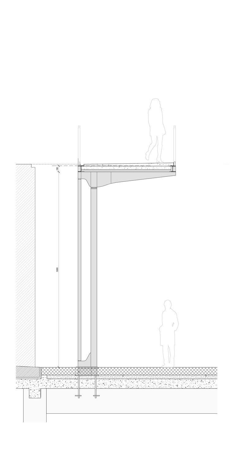 Wall section detail showing column, cantilevered platform and two human figures for scale