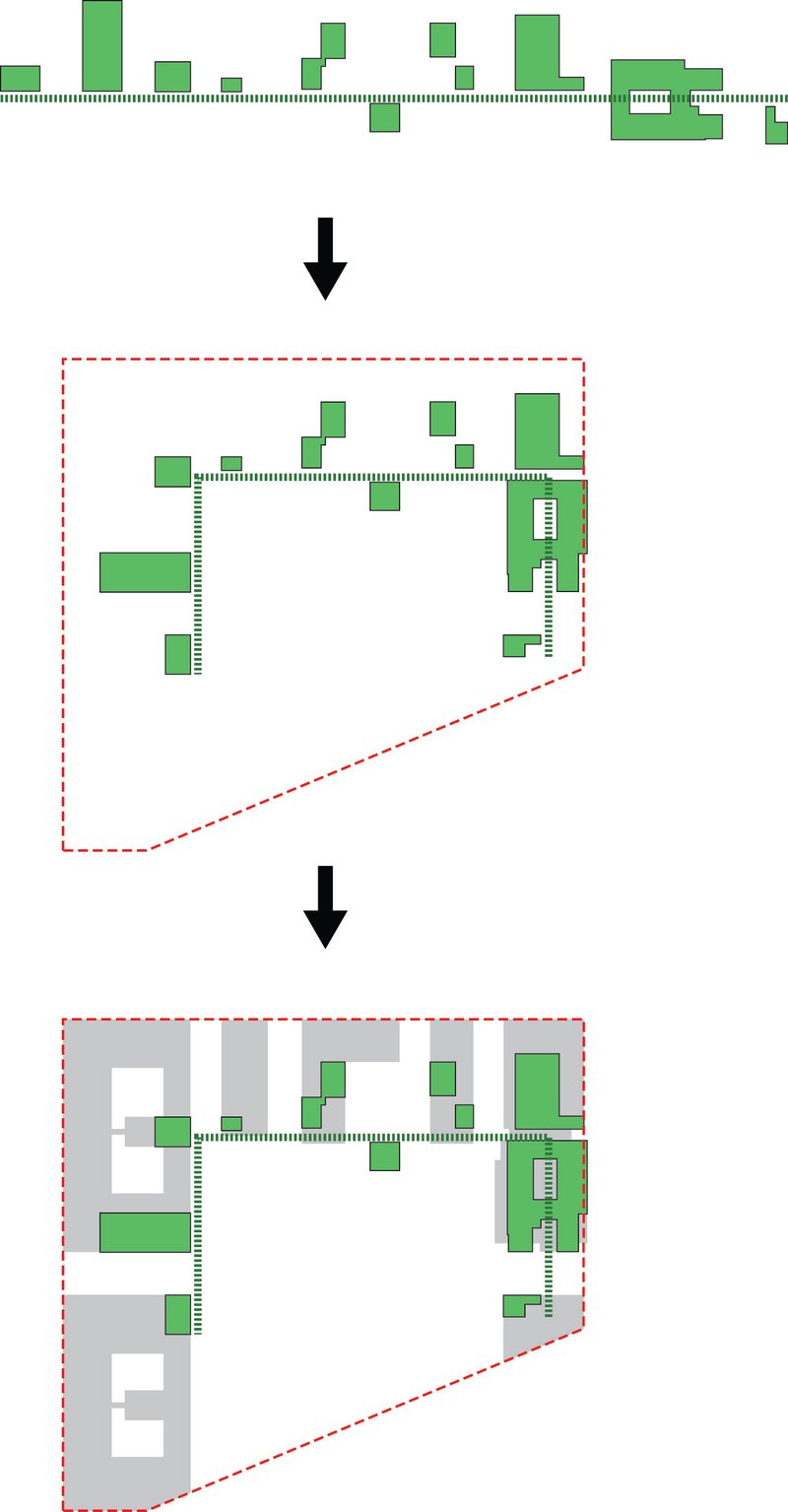 Diagram showing three stages of site development with green building volumes and red dashed boundary line