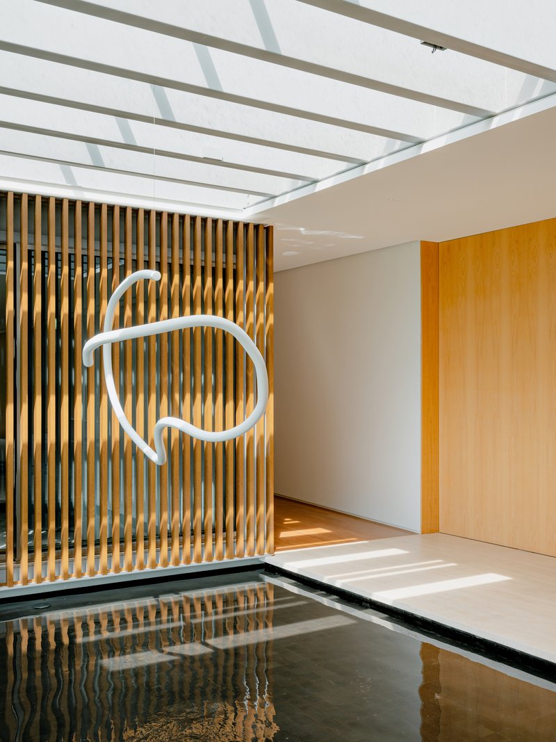 Interior water feature with vertical timber slat screen and white sculptural wall light
