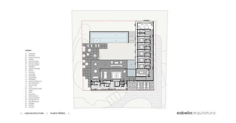Ground floor plan drawing showing L-shaped layout with courtyard and bedroom wing
