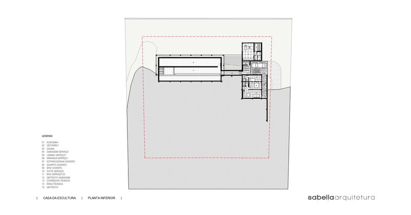 Upper floor plan drawing showing two-bar massing with pool terrace