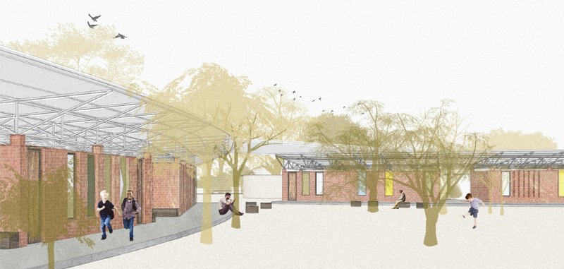 Shaded brick walkways connect learning, worship, and community spaces within the Eco Chapel campus.