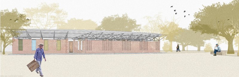 Brick walls, lightweight roofing, and surrounding greenery create a calm, sustainable environment for priests and visitors.
