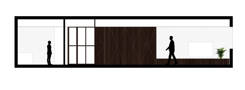 Section drawing showing two figures moving through spaces divided by a central walnut volume