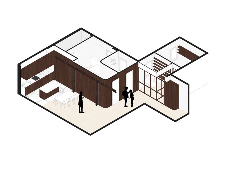 Axonometric drawing revealing the open plan with walnut millwork dividing kitchen and living zones
