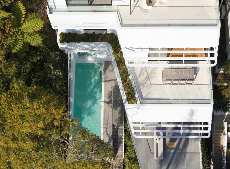 Aerial view of rooftop pool and terraces surrounded by tree canopy