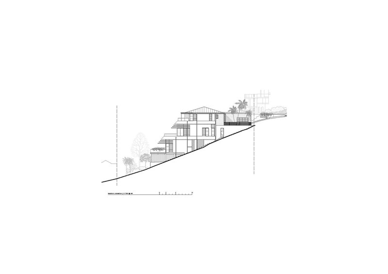 Section drawing showing the residence ascending the slope with terraced levels and vegetation