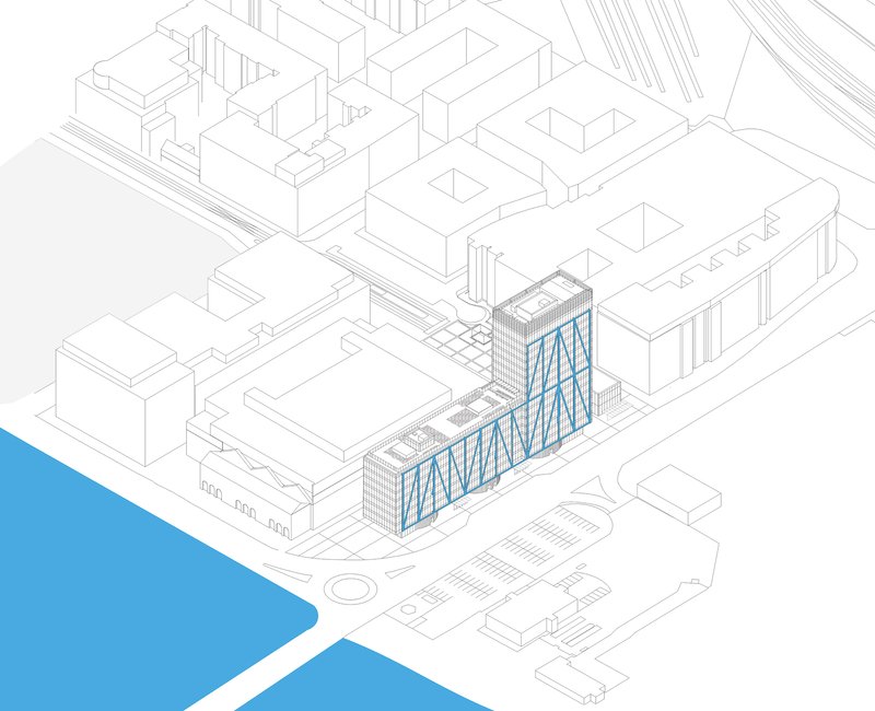 Axonometric drawing showing a tower with diagonal blue bracing adjacent to low-rise structures near water