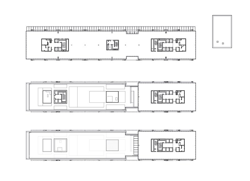 Floor plan drawings of three levels showing core locations and open floor plates in a narrow bar