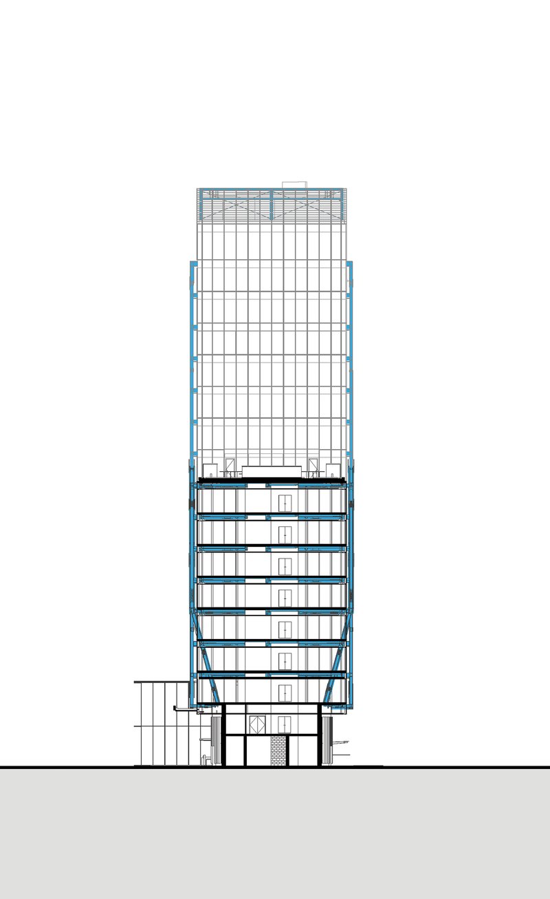 Section drawing showing a tower with exposed diagonal bracing in blue at the podium levels