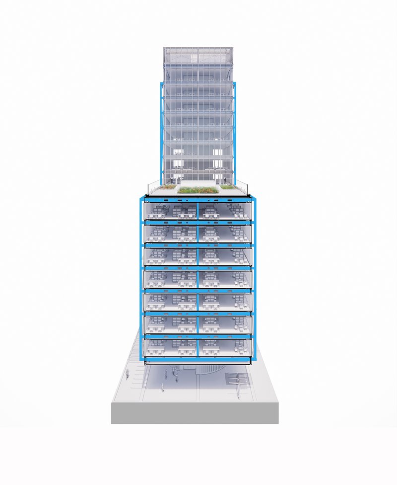 Sectional model revealing interior floor plates with blue structural elements spanning the podium