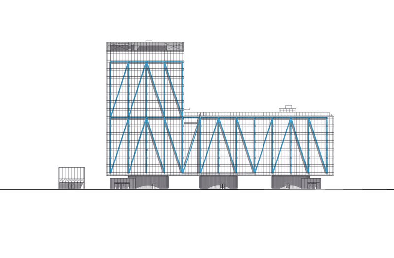 Elevation drawing showing a tall tower and horizontal wing with triangular blue bracing pattern