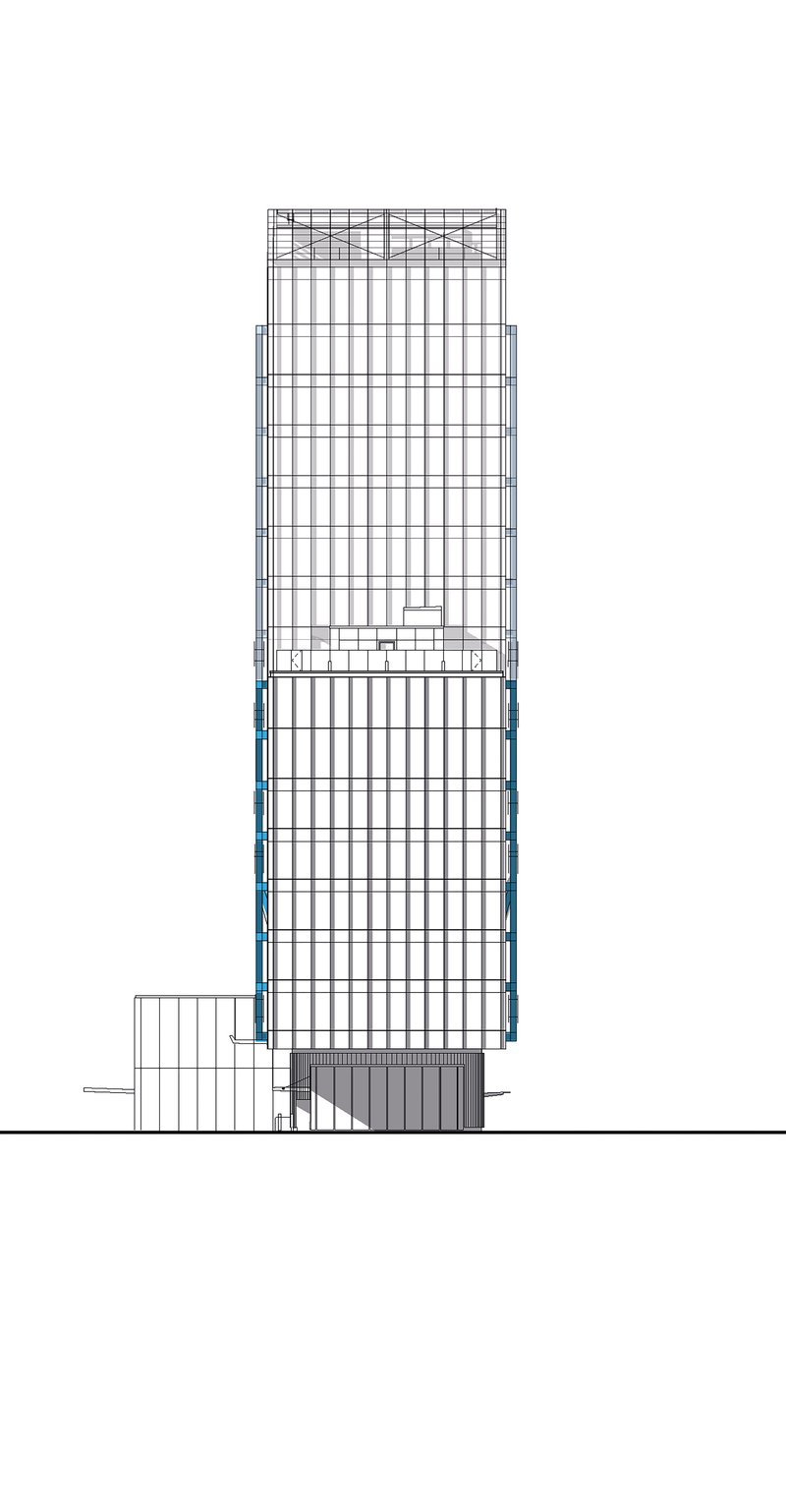 Elevation drawing of a slender tower with vertical grid and a lower attached volume