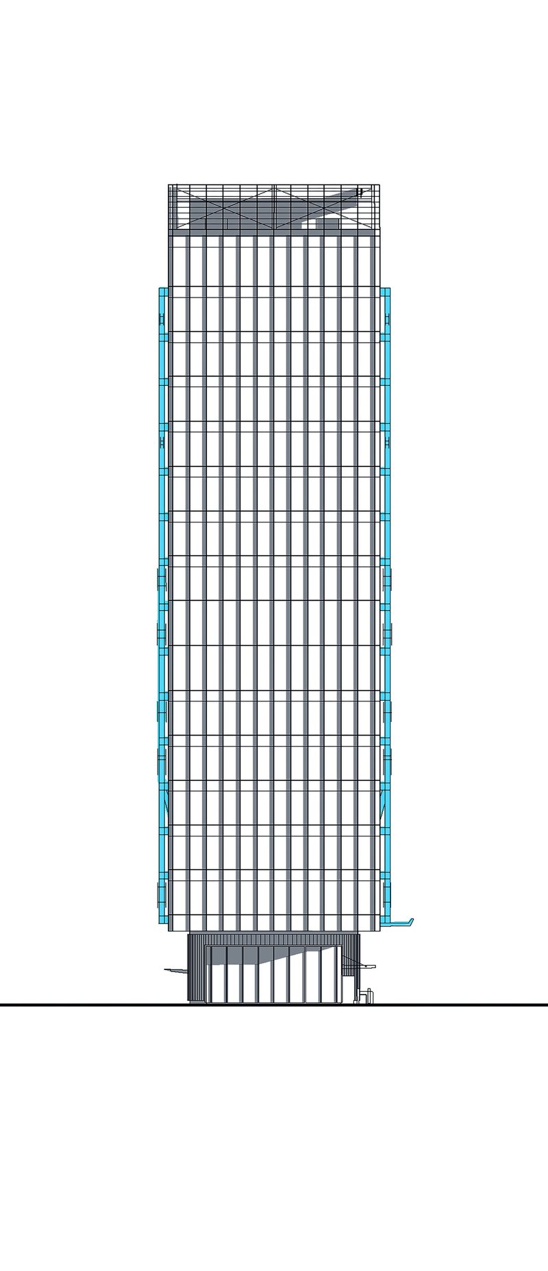 Elevation drawing of a tall tower showing vertical glazing with diagonal blue bracing along the edges