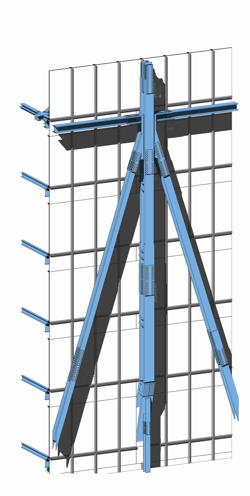 Detail drawing of the diagonal blue bracing intersection with horizontal floor slabs and glazed curtain wall