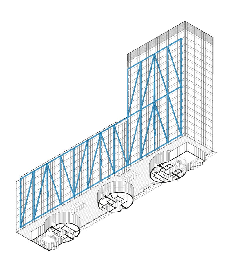 Axonometric drawing showing diagonal blue bracing and three curved ground-floor lobby spaces below tower and podium