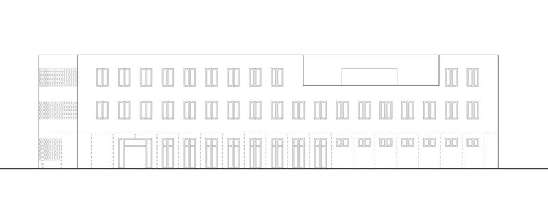 Elevation drawing showing repetitive window grid on upper floors above ground-level openings