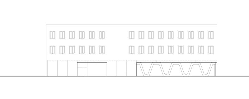 Elevation drawing with uniform window pattern and undulating structural bays at base
