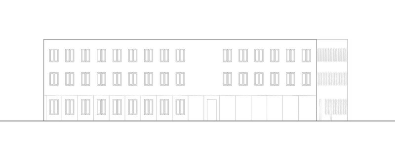 The image presents an architectural elevation of a building with a minimalist and modern design. The facade features a repetitive pattern of windows arranged in