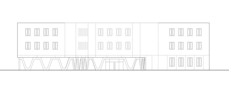 Elevation drawing with undulating wave-form base structure and rectangular window openings above