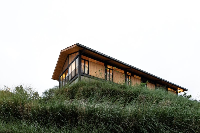 Side elevation showing the timber and glass facade partially embedded in native dune grasses