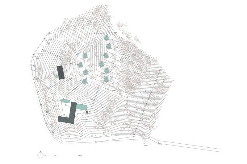 Topographic site plan showing contour lines and two building footprints on sloped terrain
