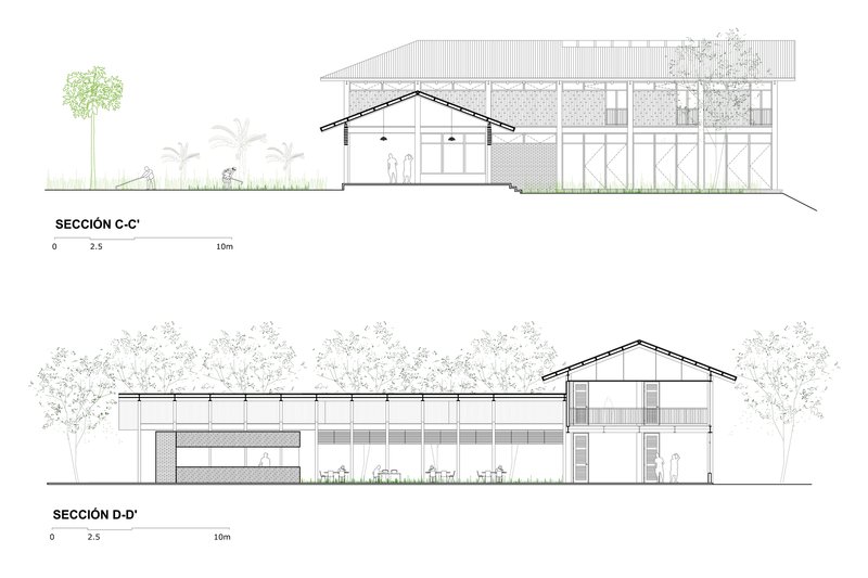 Section drawings revealing varied roof heights and open floor levels with surrounding vegetation