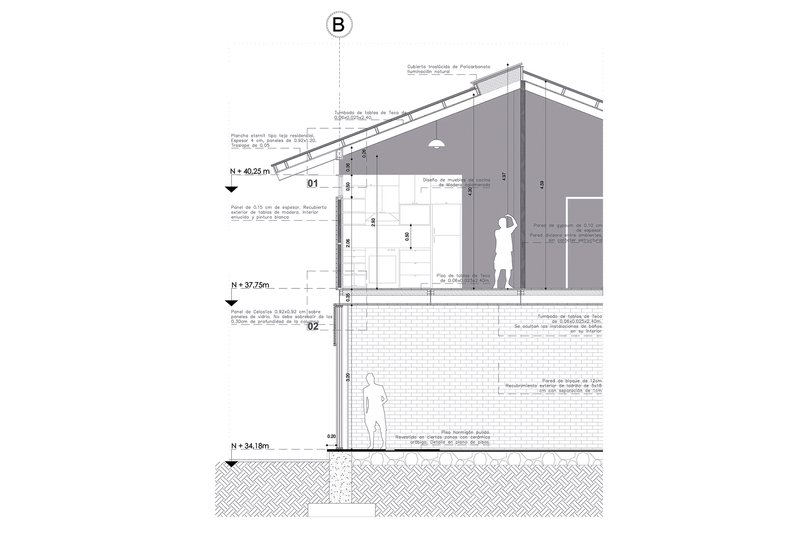 Detail section drawing showing multilevel interior spaces with material notations and human figures for scale