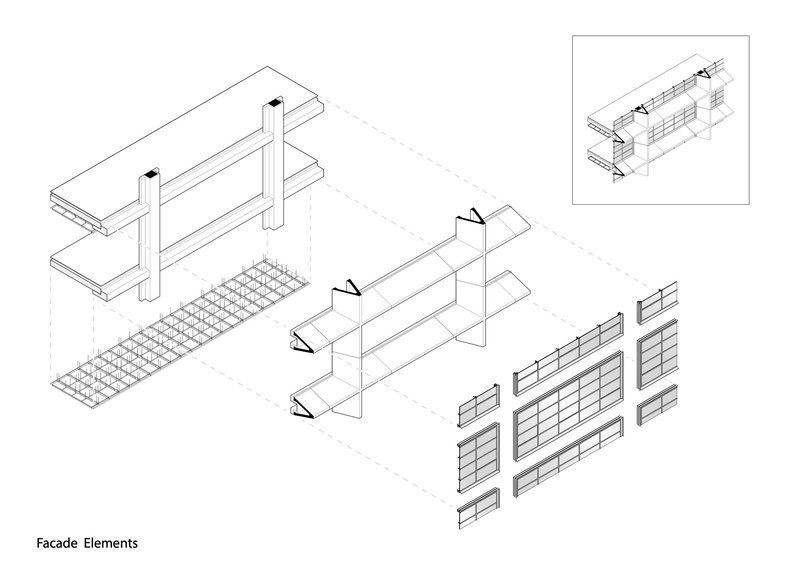 Axonometric exploded diagram showing facade assembly with slabs, columns, louvers and panelized cladding components